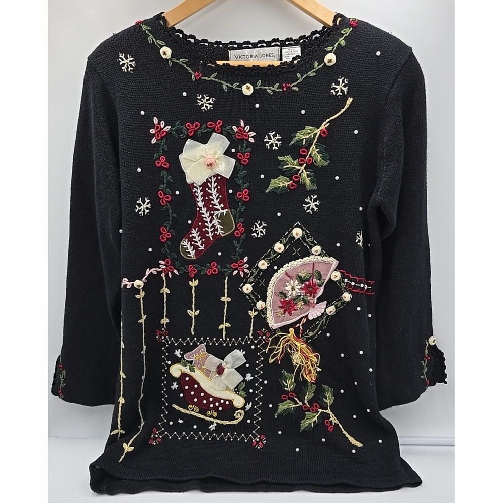 Victoria Jones Fall VTG Embroidered Ugly Christmas Sweater Beaded Woman S - Picture 2 of 12